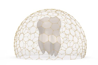 Diş koruma kavramı, sağlıklı diş ve beyaz arka planda izole edilmiş altıgen küre. 3B illüstrasyon.