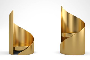 Beyaz arka planda izole edilmiş spiral dekorlu altın bir podyum. 3B illüstrasyon.