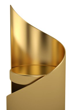 Beyaz arka planda izole edilmiş spiral dekorlu altın bir podyum. 3B illüstrasyon.