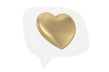Şeffaf konuşma baloncuğu, kalbi beyaz arka planda izole edilmiş, 3 boyutlu. 3B illüstrasyon.