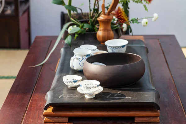 Conjunto Chá Mesa Estilo Chinês Equipamento Tradicional Preparação Chá Chinês — Fotografia de Stock