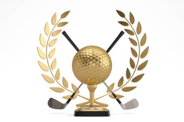 Beyaz arka planda izole edilmiş altın golf kupası. 3B illüstrasyon.