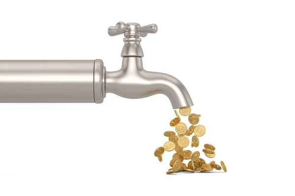 Waterkraan Met Gouden Munten Geïsoleerd Witte Achtergrond Illustratie — Stockfoto