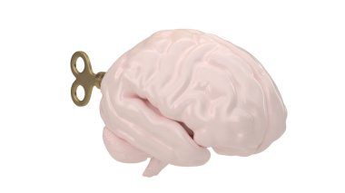 Saat mekanizmalı beyin, beyaz arka planda izole edilmiş, 3 boyutlu görüntüleme. 3B illüstrasyon.