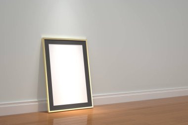 Ahşap zeminde boş resim çerçevesi modeli, 3 boyutlu. 3B illüstrasyon.