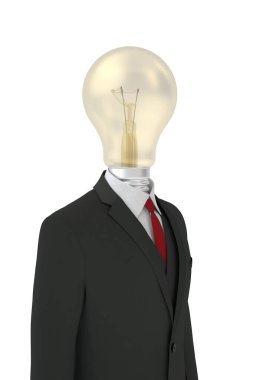 Ampul kafalı iş adamı beyaz arka planda izole edilmiş, 3 boyutlu görüntüleme. 3B illüstrasyon.