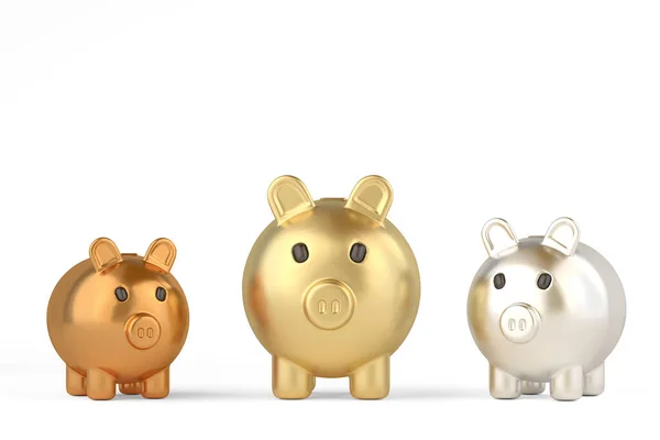 Gold Silver Copper Piggy Bank Isolated White Background Render Illustration — Stock Photo, Image