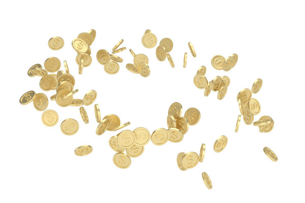 Взрыв реальной золотой монеты или всплеск на белом фоне. Дождь золотых монет. 3D рендеринг. 3D иллюстрация.