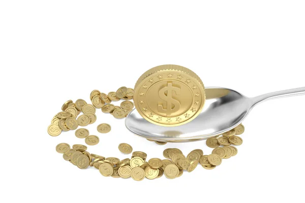 Gouden Munt Lepel Witte Achtergrond Weergave Illustratie — Stockfoto