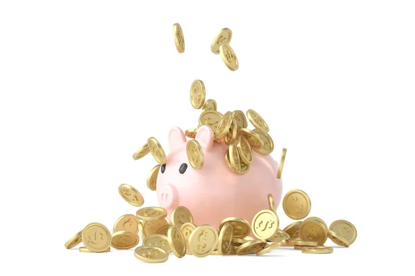 白い背景に金のコイン雨とピンクの貯金箱 3Dレンダリング 3Dイラスト — ストック写真