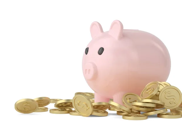 Pink Piggy Bank Dengan Koin Emas Hujan Pada Latar Belakang — Stok Foto