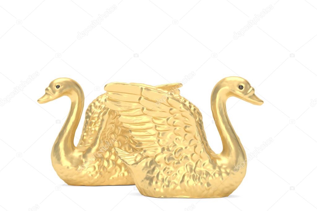 Two gold swans isolated on white background. 3D illustration.