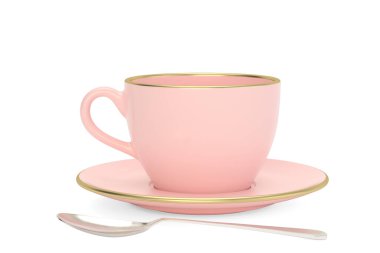 Beyaz arka planda izole edilmiş pembe kahve fincanı. 3B illüstrasyon.