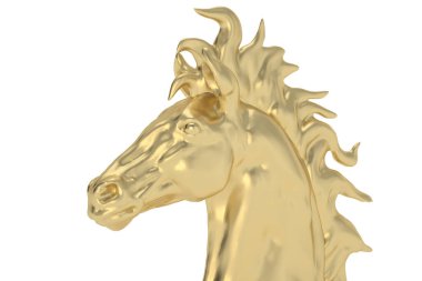 Beyaz arka planda bir at kafası heykeli. 3 boyutlu görüntüleme. 3B illüstrasyon.