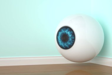 Galeri odasında kocaman bir göz var. 3 boyutlu görüntüleme. 3B illüstrasyon.