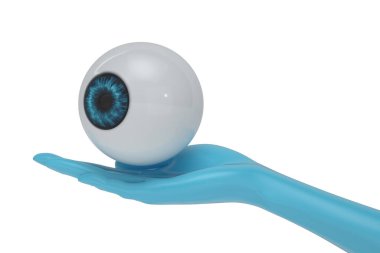 Beyaz arka planda dev bir göz ve el. 3 boyutlu görüntüleme. 3B illüstrasyon.