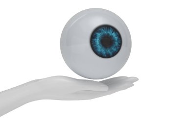 Beyaz arka planda dev bir göz ve el. 3 boyutlu görüntüleme. 3B illüstrasyon.