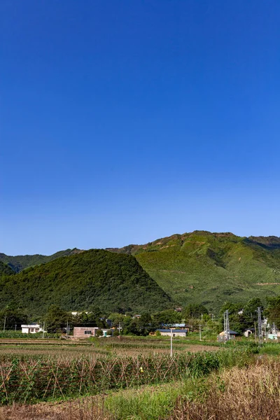 Panorama Krásné Krajiny Létě Krásná Krajina Zalesněnými Horami Travnaté Pole — Stock fotografie