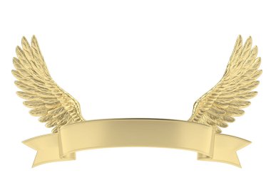 Beyaz arka planda izole edilmiş kanatlı altın kurdele. 3B illüstrasyon.