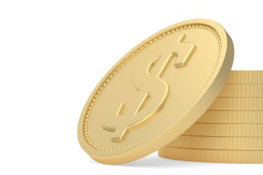 Beyaz arka planda izole edilmiş altın para yığını. 3B illüstrasyon.