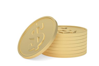 Beyaz arka planda izole edilmiş altın para yığını. 3B illüstrasyon.
