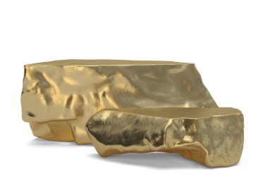 Beyaz arka planda izole edilmiş büyük altın taş duruşu, 3 boyutlu illüstrasyon.