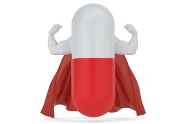 Kahraman pelerinli yaratıcı konsept hap karakteri, beyaz arka planda izole edilmiş Super kapsül. 3B illüstrasyon.