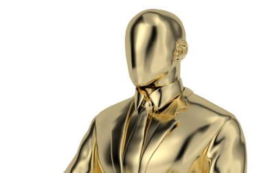 Altın heykel, takım elbiseli iş adamı beyaz arka planda izole edilmiş. 3 boyutlu görüntüleme. 3B illüstrasyon.