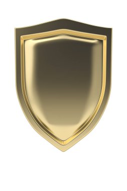 Altın kalkan beyaz arka planda izole edilmiş. 3B illüstrasyon.