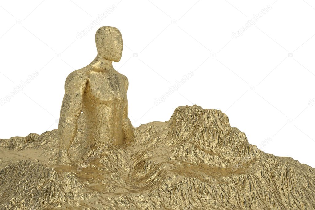 Golden mountain and sculpture man.3D illustration.