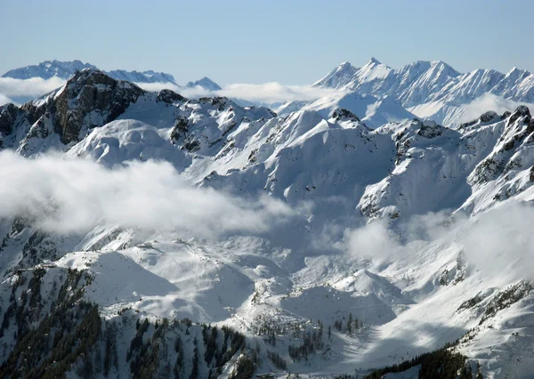 Mont Blanc en Chamonix, panoramisch uitzicht op de bergen. Stockfoto
