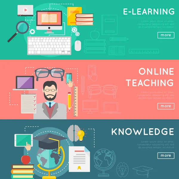 Online vzdělávání a e-learning web banner nastaven, vzdálené internetové vzdělávání vektorové koncepce webových šablon — Stockový vektor