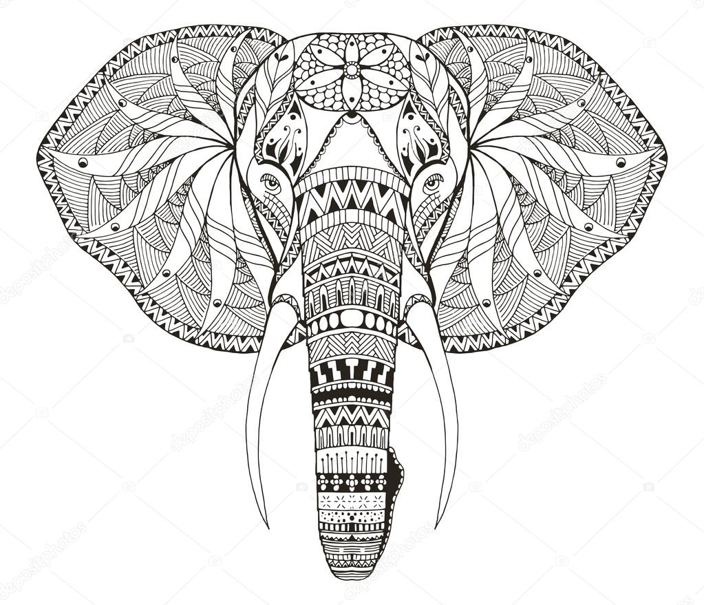 Elephant head zentangle stylized, vector, illustration, freehand pencil, hand drawn, pattern. Zen art. Ornate vector.
