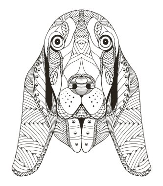 Basset hound head zentangle stylized, vector, illustration, freehand pencil, hand drawn, pattern. Zen art. Ornate vector. Lace.