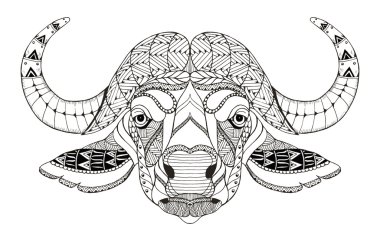 African buffalo head zentangle stylized, vector, illustration, freehand pencil, hand drawn, pattern. Zen art. Ornate vector. Lace. Coloring.