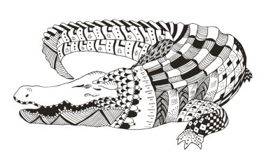 Stilize timsah zentangle, vektör, şekil, desen, el yapımı kalem, elle çizilmiş. Zen sanat.
