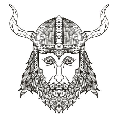 Ancient viking head. Helmet with horns. Zentangle stylized. Vector illustration. Freehand pencil. Hand drawn. Pattern. Isolated.