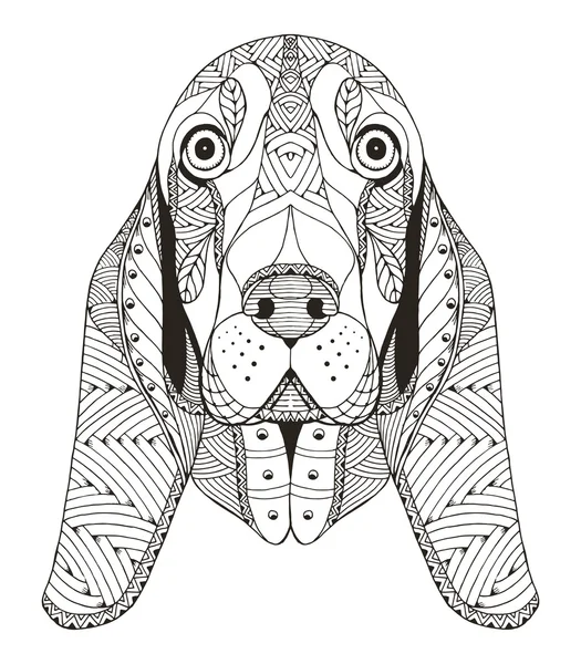 Basset hound head zentangle stylized, vector, illustration, freehand pencil, hand drawn, pattern. Zen art. Ornate vector. Lace. — Stock Vector