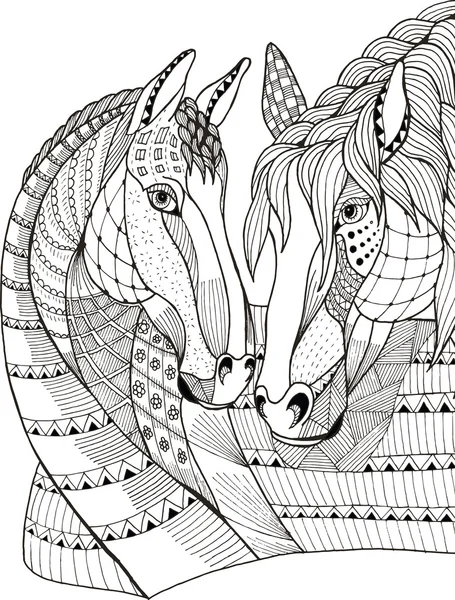 Két ló mutató vonzalma, zentangle stilizált, vektor, ábra, szabadkézi ceruza, kézzel rajzolt, minta, szerelem. — Stock Vector