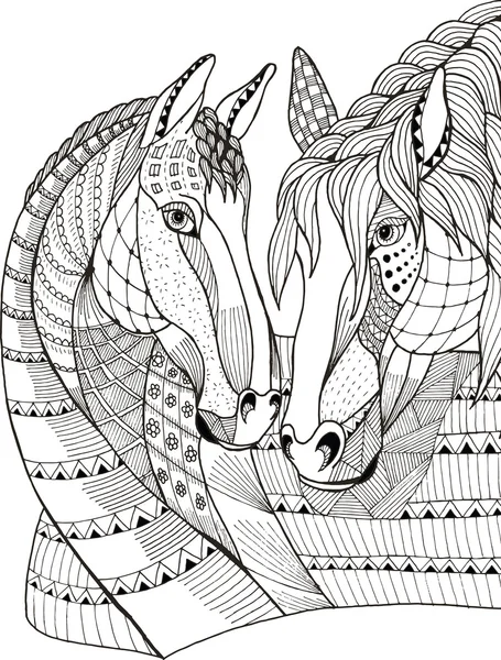 Две лошади, показывающие привязанность, zentangle стилизованный, векторная иллюстрация, карандаш, рука нарисована, узор, любовь . — стоковый вектор