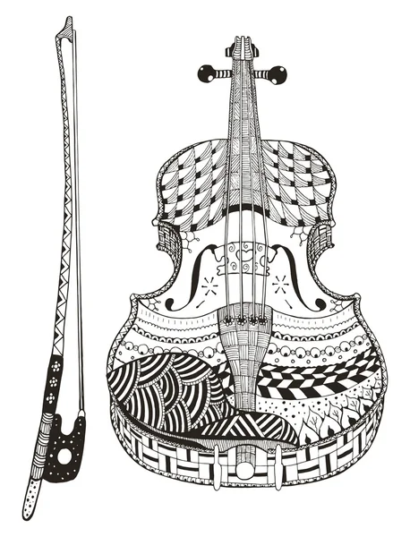 Скрипка с луком. Zentangle стилизован. Шаблон. Векторная иллюстрация. Свободный карандаш. Рисунок . — стоковый вектор