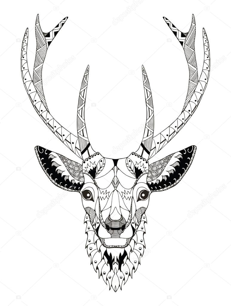 Deer head zentangle stylized, vector, illustration, freehand pencil, hand drawn, pattern. Zen art. Ornate vector. Lace.