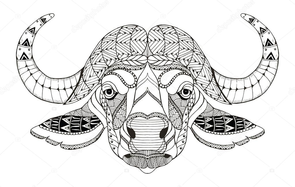 African buffalo head zentangle stylized, vector, illustration, freehand pencil, hand drawn, pattern. Zen art. Ornate vector. Lace. Coloring.