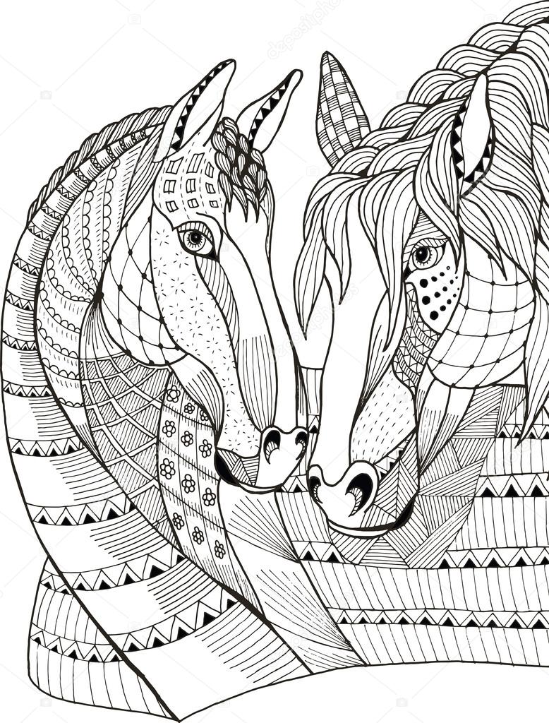 Two horses showing affection, zentangle stylized, vector illustration, freehand pencil, hand drawn, pattern, love.