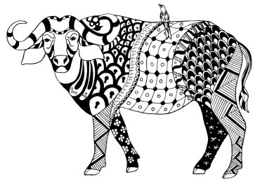 African buffalo with a bird on his back. Zentangle stylized, vector, illustration, freehand pencil.
