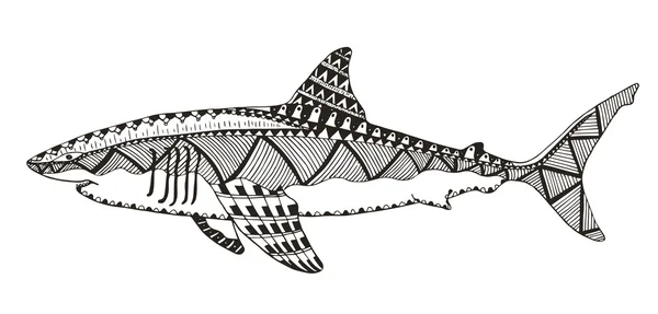 Tiburón zentangle estilizado, vector, ilustración, patrón, lápiz a mano alzada, dibujado a mano. Arte zen . — Vector de stock