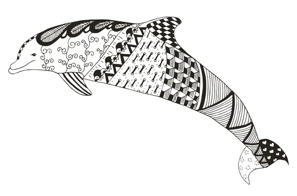 Delfín zentangle estilizado, vector, ilustración, patrón, lápiz a mano alzada, dibujado a mano . — Vector de stock