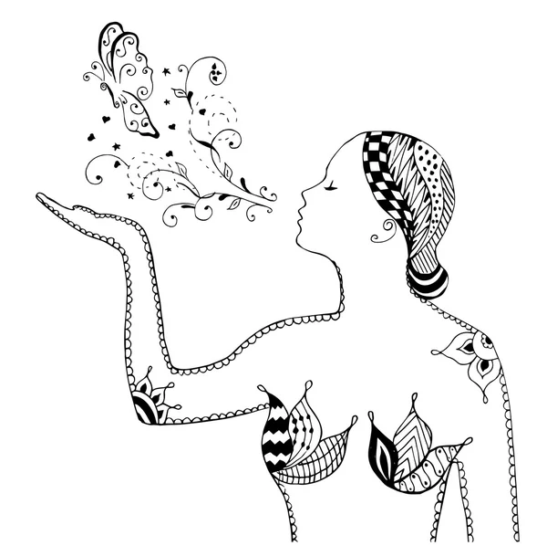 Estilo Zentangle, remolino, chica soplando mariposa, flores, vector, ilustración, lápiz a mano alzada. Patrón. Arte zen . — Archivo Imágenes Vectoriales