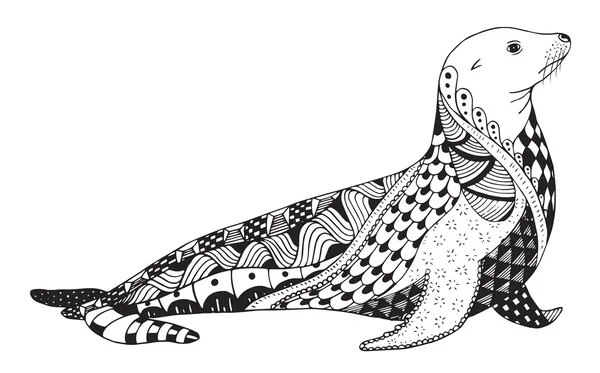 León marino zentangle estilizado, sello, vector, ilustración, lápiz a mano alzada, dibujado a mano, patrón. Arte zen . — Vector de stock