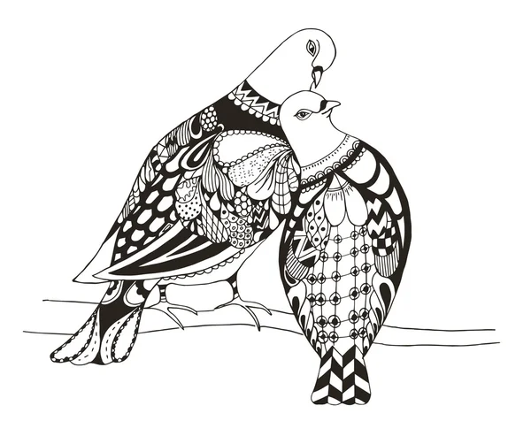 Two birds are sitting on a tree branch, zentangle stylized pigeons, vector, illustration, freehand pencil, love. Zen art. — Stockvector